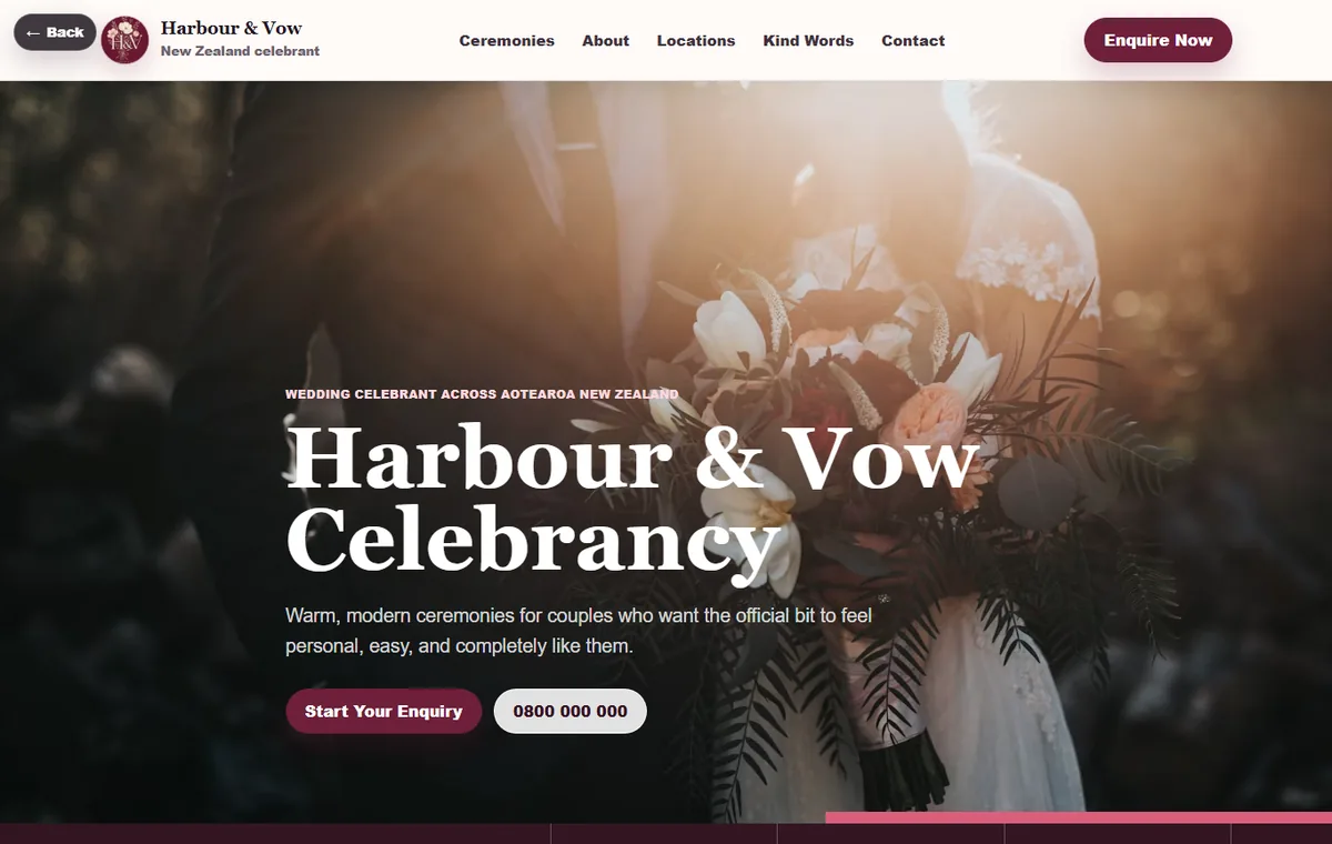 Wedding celebrant website demo homepage preview