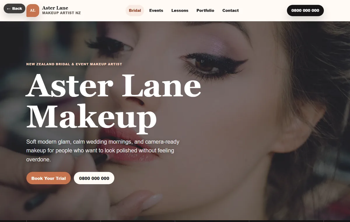 Makeup artist website demo homepage preview
